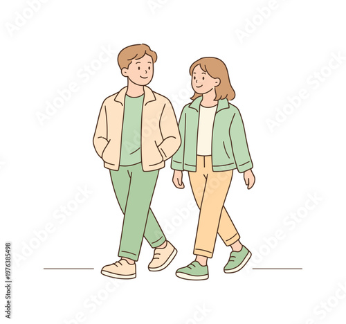 Man woman spring stroll walking side by side with relaxed smiles and light jackets, minimalist flat vector illustration with thin
