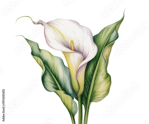 
Elegant calla lily flowers with flowing foliage in delicate hand-painted watercolor.