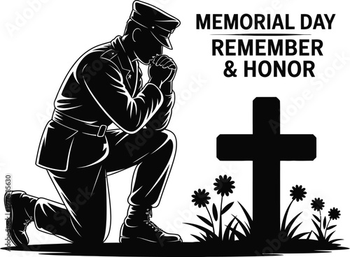 Soldier kneeling memorial illustration, respectful figure beside grave cross symbolizing remembrance, sacrifice, and patriotic tribute for Memorial Day design.