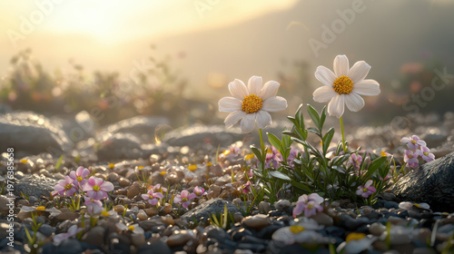 Two white daisy flowers bloom vibrantly amongst pink wildflowers and pebbles in a sun kissed field du a peaceful and serene evening setting in nature.