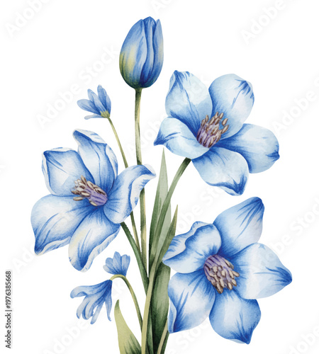 Delicate bell-shaped blossoms in calming blue tones with watercolor texture.