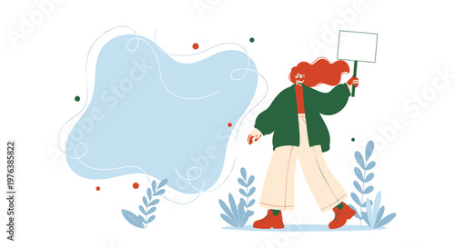 Cartoon character, illustration, green jacket, red hair, holding sign