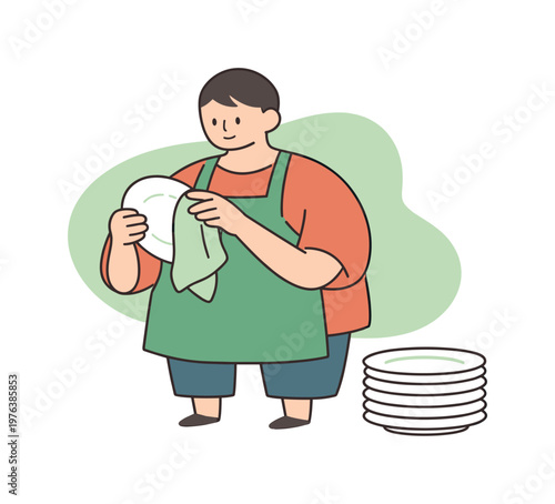 Calm person pauses while drying plates, checking dryness before placing one onto a tidy stack | scene of person drying plates,