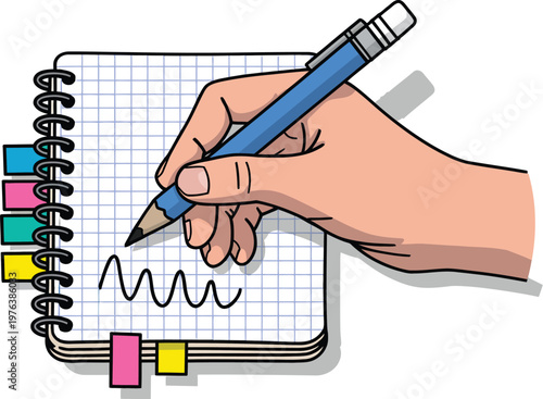 Hand writing notebook illustration, close up with blue pen and colorful sticky tabs for studying, note taking, and productivity concept.