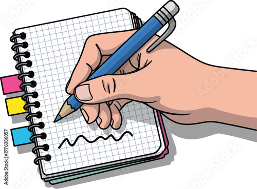 Notebook writing illustration, close up hand using blue pen with colorful sticky tabs for study, organization, and productivity concept.