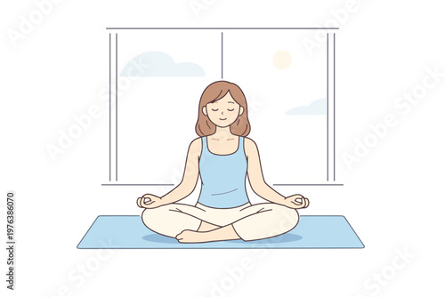 Woman practicing morning yoga near a window, seated in a relaxed pose and breathing peacefully, minimalist flat vector