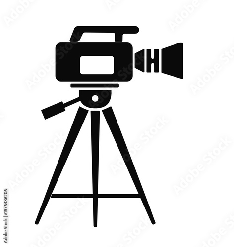 Black video camera on a tripod isolated on a transparent background. Modern flat vector icon for filming, production, videography, broadcasting, surveillance, recording, and media equipment.