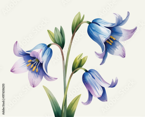 Delicate bell-shaped blossoms in calming blue tones with watercolor texture.