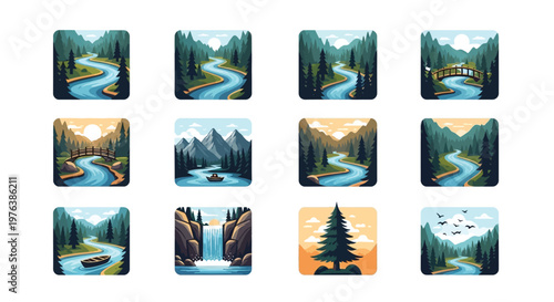 Collection of scenic landscape illustrations featuring rivers mountains and forests