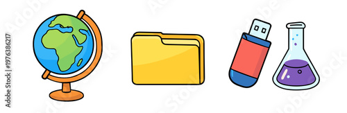 Academic icon set with globe, folder, flash drive, and laboratory flask. Clean flat vector symbols represent geography, digital files, science, and school organization.