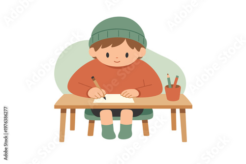 Warm child sits at a desk writing a letter carefully as pencil rests lightly and the space feels steady | scene of child writing