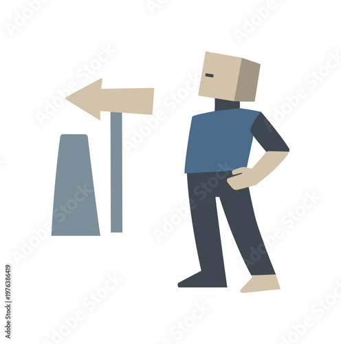 Individual orienting slightly toward one ambiguous cue while others remain present, signaling early navigation uncertainty.