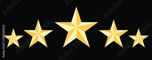 Row of Five Bright Yellow Beveled Stars in Graduated Sizes for Premium Customer Product Rating and Achievement Ranking Isolated on Black Background.