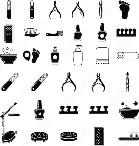 Manicure and pedicure tools and accessories icons with nail care foot spa cuticle pushe