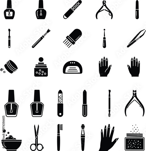 Nail care and beauty tools collection icons with nail polish nail dryer personal care nail art