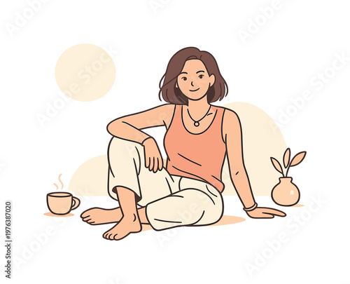 Woman confidence modern lifestyle in a peaceful evening setting, sitting on the floor with relaxed confidence and balanced