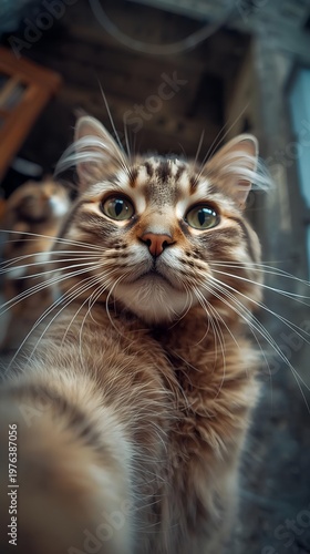 Close-up, front-facing portrait of a fluffy long-haired tabby cat looking directly into the camera lens, its eyes wide and alert, whiskers prominent against a blurred background