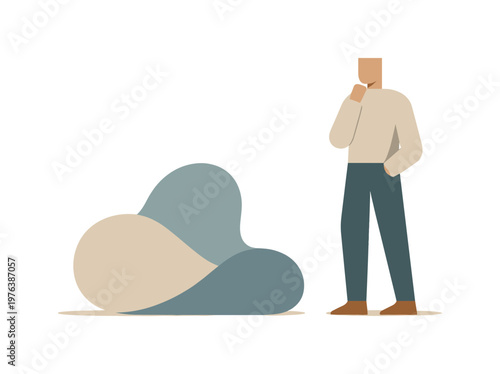 Abstract Human Reflection. Human standing beside a single quiet abstract form, recognizing reflective awareness as sustained