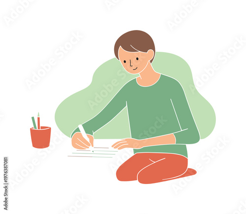Gentle routine shows a person writing a note line by line, keeping movements slow and deliberate | scene of person writing a note