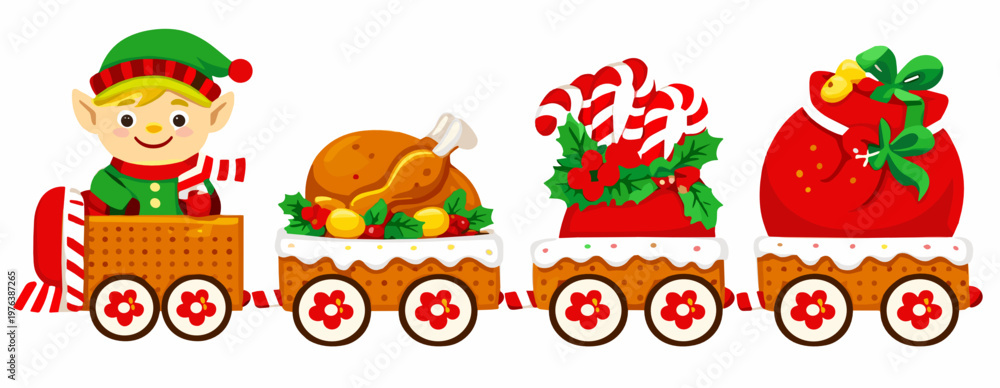Fototapeta premium A cheerful elf rides a holiday train loaded with roast dinner, candy cane, poinsettia, and strawberry treats. Christmas vector clipart isolated on a transparent background.