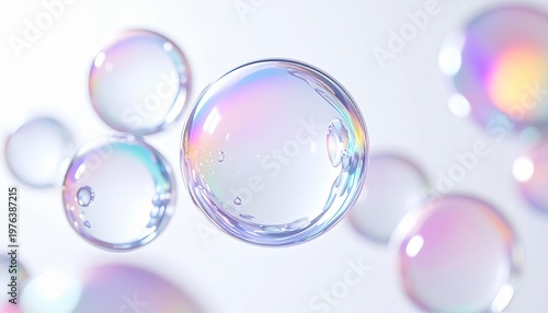 透明なシャボン玉が浮遊するブルーのクリーン背景 虹色の光と屈折が美しいスキンケア抽象ビジュアル ジェネレーティブAI
