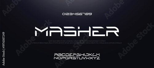 MASHER Virtual digital font, cyber alphabet made space design made futurism style, uppercase Latin letters A-Z and Arab numerals 0-9 space style, vector illustration 10EPS