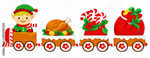 A cheerful elf rides a holiday train loaded with roast dinner, candy cane, poinsettia, and strawberry treats. Christmas vector clipart isolated on a transparent background.