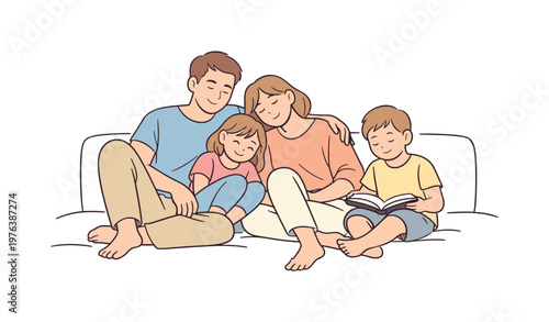 Family enjoying quiet time on cozy couch during peaceful routine, seated close with relaxed body language and minimal cushions as