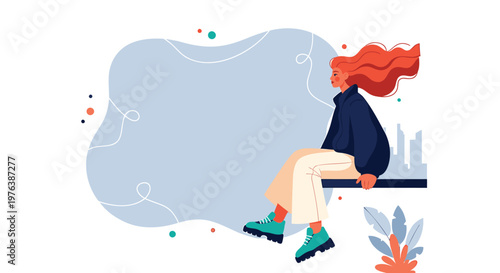 Illustration of woman sitting on bench, red hair, minimalist design, blue background, modern style