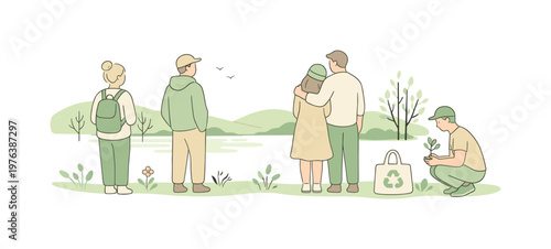 People supporting environmental awareness in a peaceful early spring setting, standing together and appreciating nature quietly,