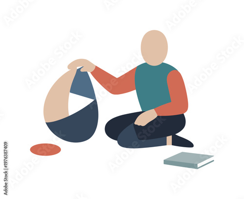 Human gently rotating one abstract shape, testing how meaning changes when viewed differently. Stylized editorial character