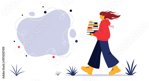 Colorful illustration of woman carrying books, red hair, casual outfit, educational concept, vector graphics