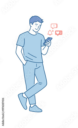 Man calmly checking phone notifications as part of everyday habit, friendly proportions and steady posture capturing ease and