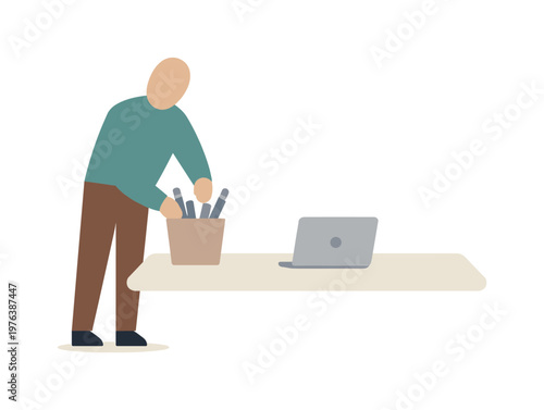 Human adjusting a simple work surface by removing excess tools, leaving one essential object centered in open space. Stylized