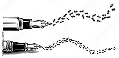 Fountain pen nibs releasing streams of ants in vintage engraving style