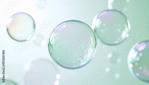 セラミドやCICAをイメージした美容液の水滴と透明バブルが浮遊するクリーンなグリーン背景 うるおいと透明感を感じるスキンケア抽象ビジュアル ジェネレーティブAI
