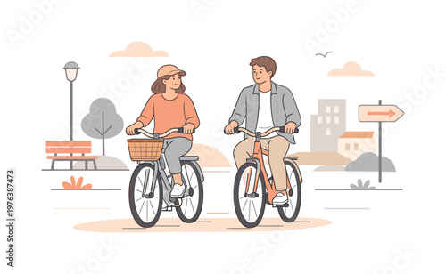 Couple riding bicycles together in an urban setting, cycling calmly next to each other with upright posture, minimalist flat