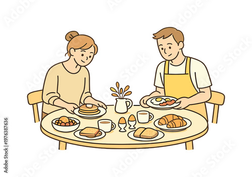 Festive Breakfast Preparation. Parents preparing festive breakfast together in a cozy kitchen, arranging simple dishes on a small