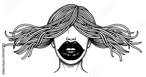 Woman face with hair covering eyes in surreal vintage engraving style