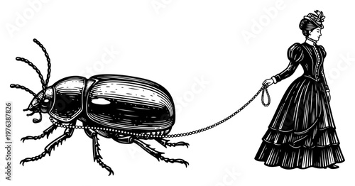 Victorian woman walking giant beetle on leash in surreal vintage engraving style