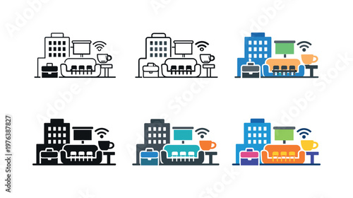 Business lodging facilities icon depicting a hotel building, conference hall, lounge area, and amenities arranged for corporate