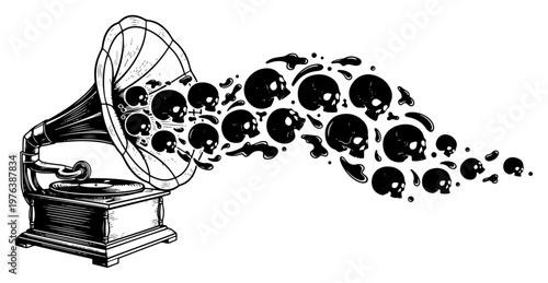 Vintage gramophone with stream of skulls coming from horn in surreal engraving style