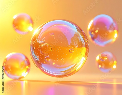 ビタミン美容をイメージした水滴と透明球体が浮遊するオレンジのクリーン背景 明るさとツヤ感を表現したスキンケアビジュアル ジェネレーティブAI