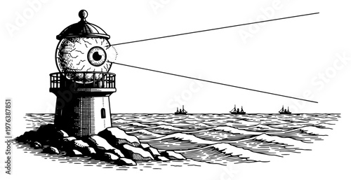 Lighthouse with giant eyeball lantern watching ships on sea in vintage engraving style