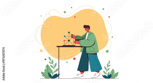 Flat design illustration of a person working on a molecular model, science, chemistry, laboratory, education