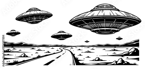 Multiple flying saucers hovering over a desert road in vintage engraving style
