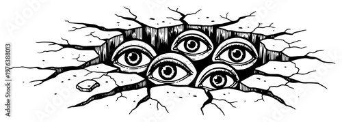 Group of eyes peering out from a cracked hole in surreal woodcut style