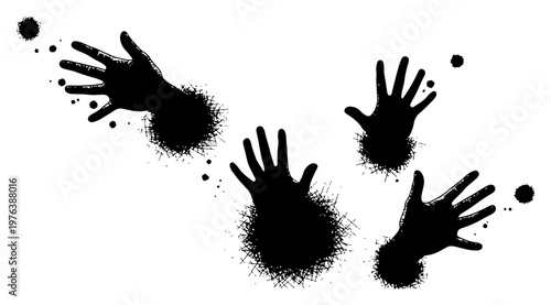 Hand silhouettes reaching out from ink splatters in graphic grunge style