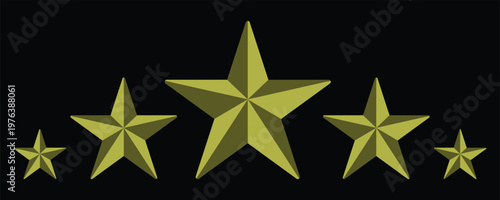 Tableau sur toile Row of Five Gold Beveled Stars in Graduated Sizes for Premium Customer Product Rating and Achievement Ranking Isolated on Black Background