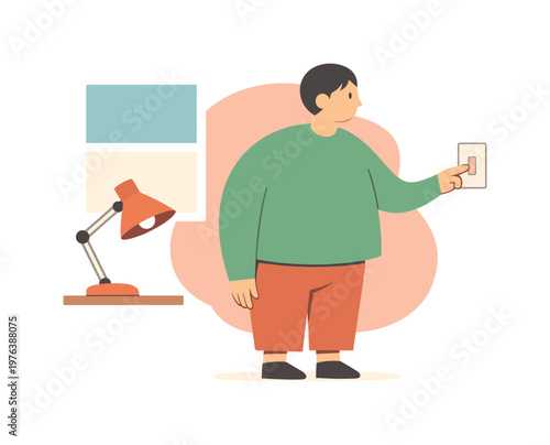 Quiet person turns a wall switch to change room brightness, standing near a window with a lamp and gentle shadows nearby | scene